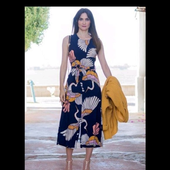 New Cranes Print Belted Wide Leg Jumpsuit Blue - Picture 3 of 10